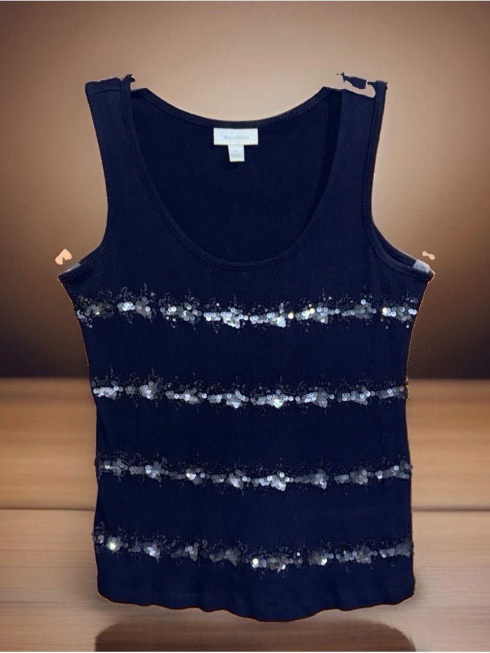 Dress Barn Navy Sequin Striped Ribbed Tank-M-EC